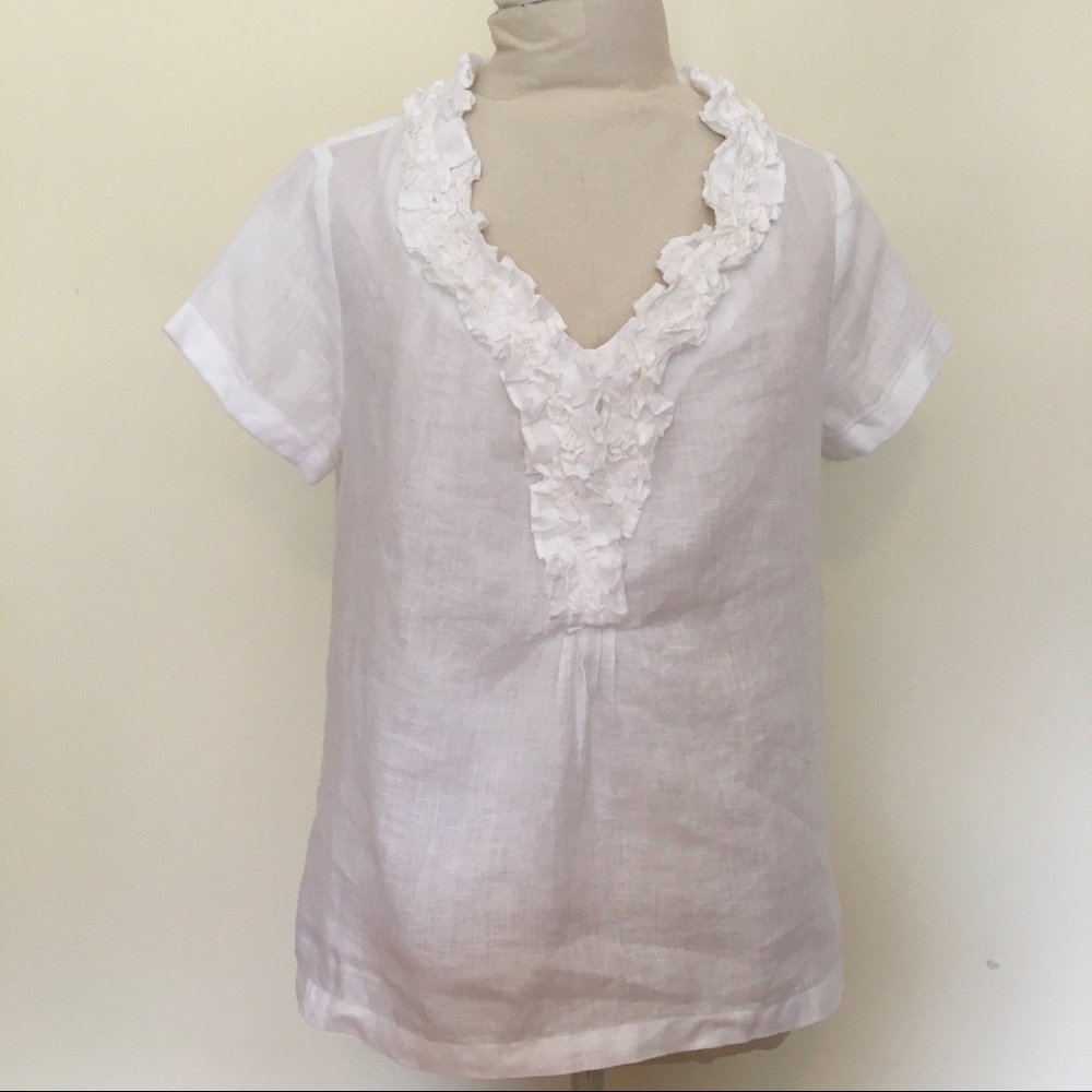 Talbots ruffle neck linen blouse